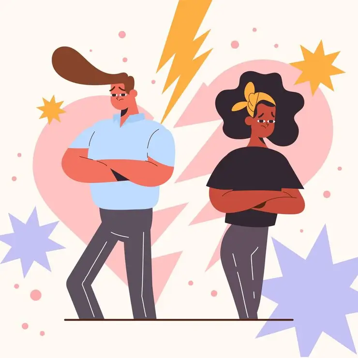 Illustration of two couples facing opposite direction in anger after a fight and refuse to communicate to resolve the issue causing conflict avoidance