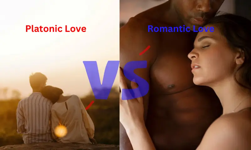 An image showing Platonic Love vs. Romantic Love. Platonic couples at one half and romantic couples at second half